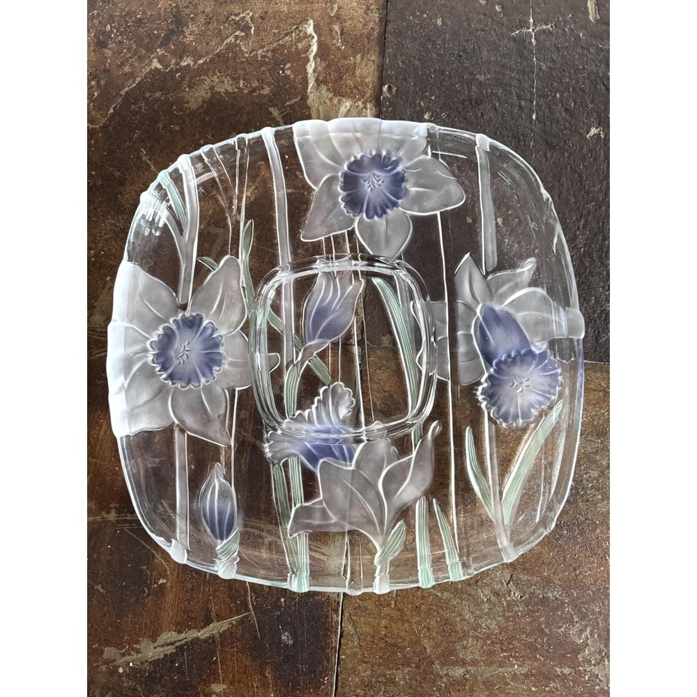 Vintage 1989 Crystal Clear‎ Studios Narcissus Serving Platter Etched Daffodils